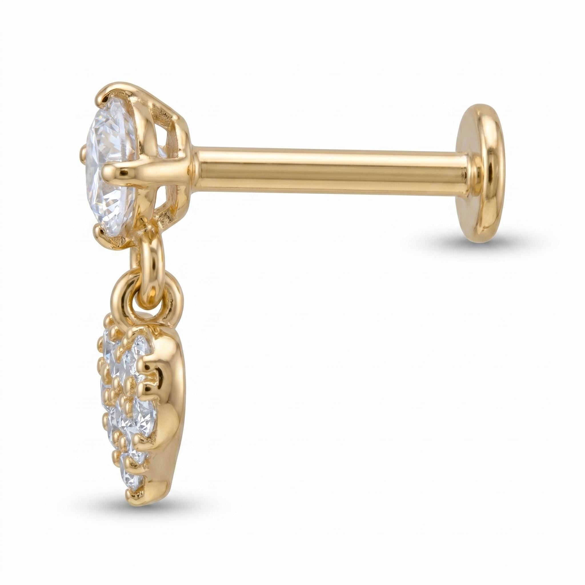 14K Solid Gold CZ Dangle Cartilage Earring - Cubic zirconia, Yellow gold, Solid gold