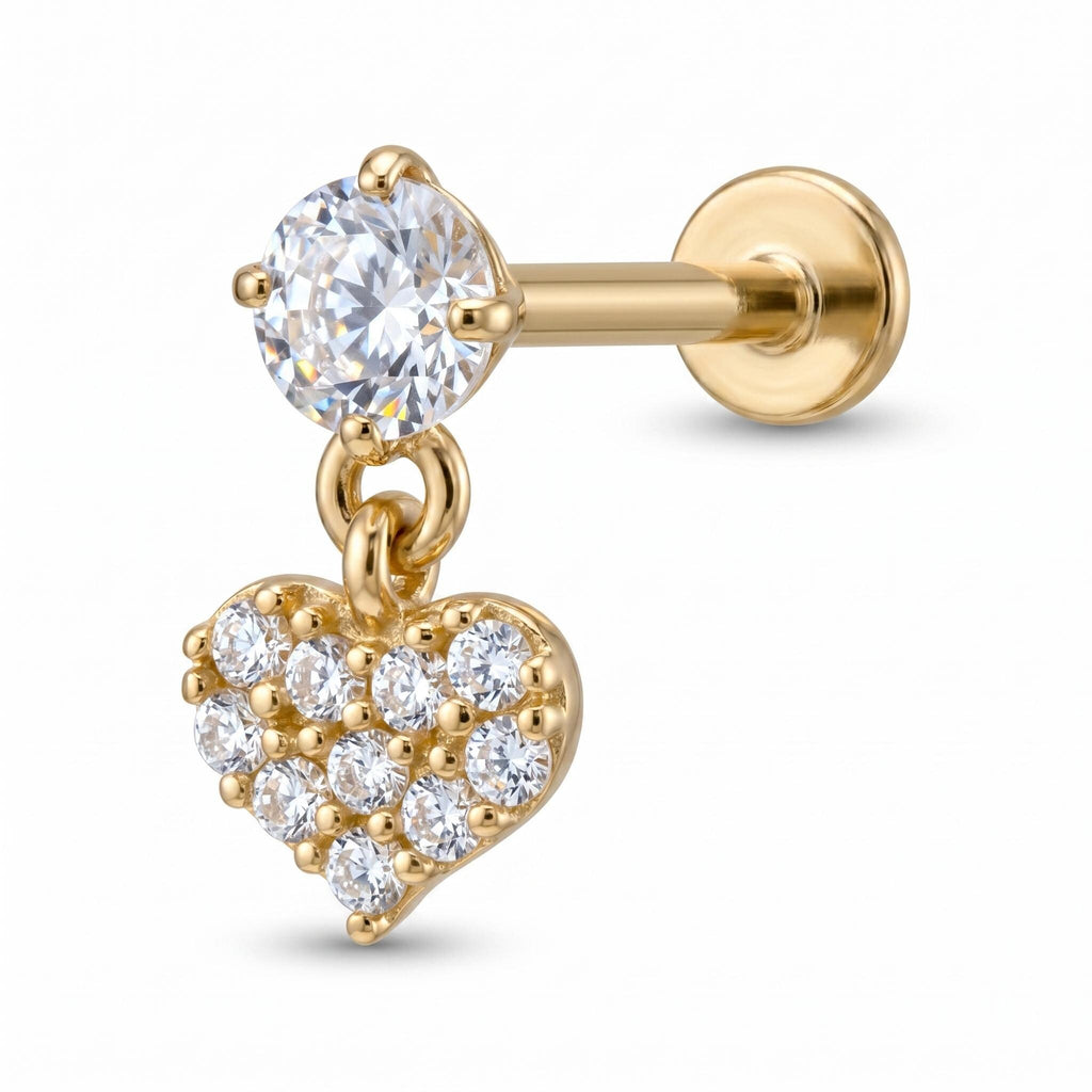 14K Solid Gold CZ Dangle Cartilage Earring - Cubic zirconia, Yellow gold, Solid gold