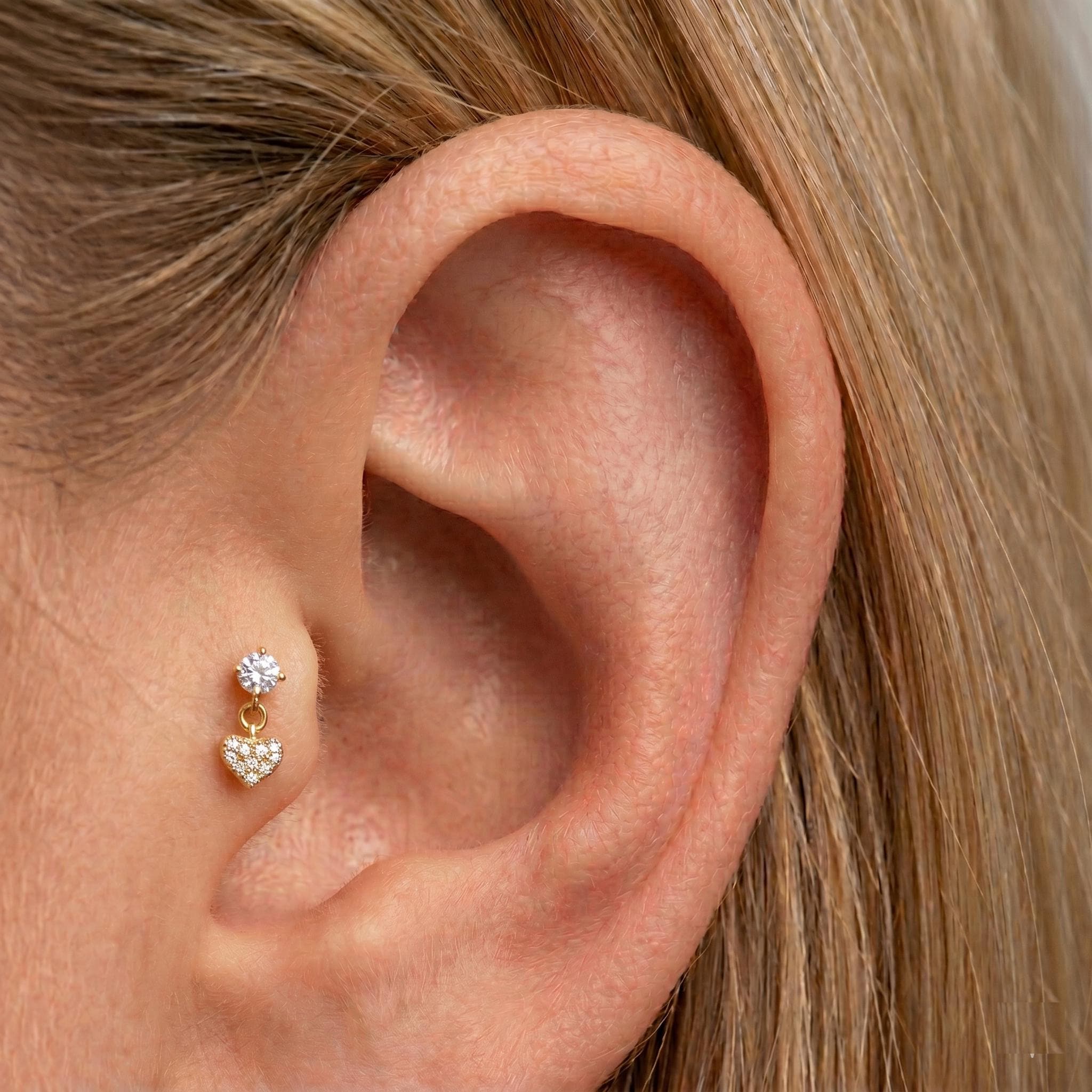 14K Solid Gold CZ Dangle Cartilage Earring - Cubic zirconia, Yellow gold, Solid gold