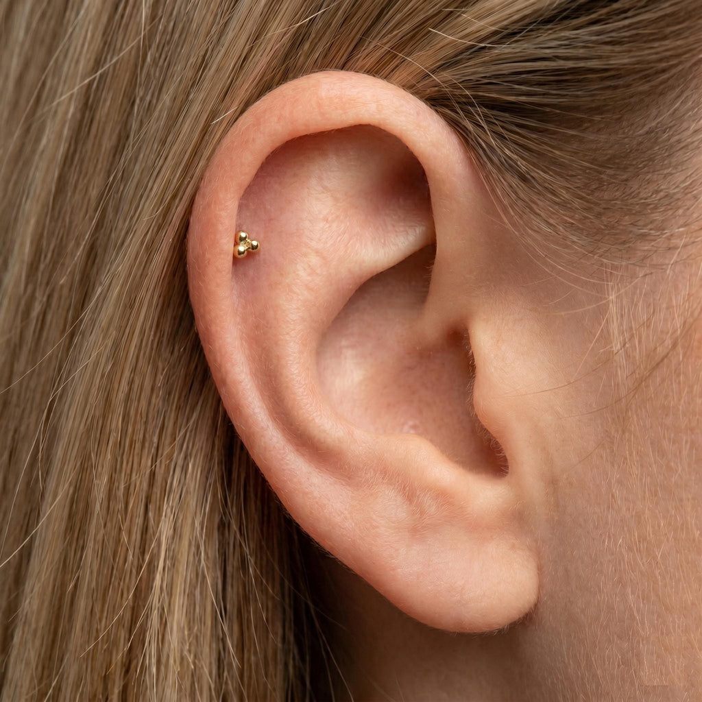 14K Solid Gold Beaded Cartilage Earring - Yellow gold, Solid gold, 14k