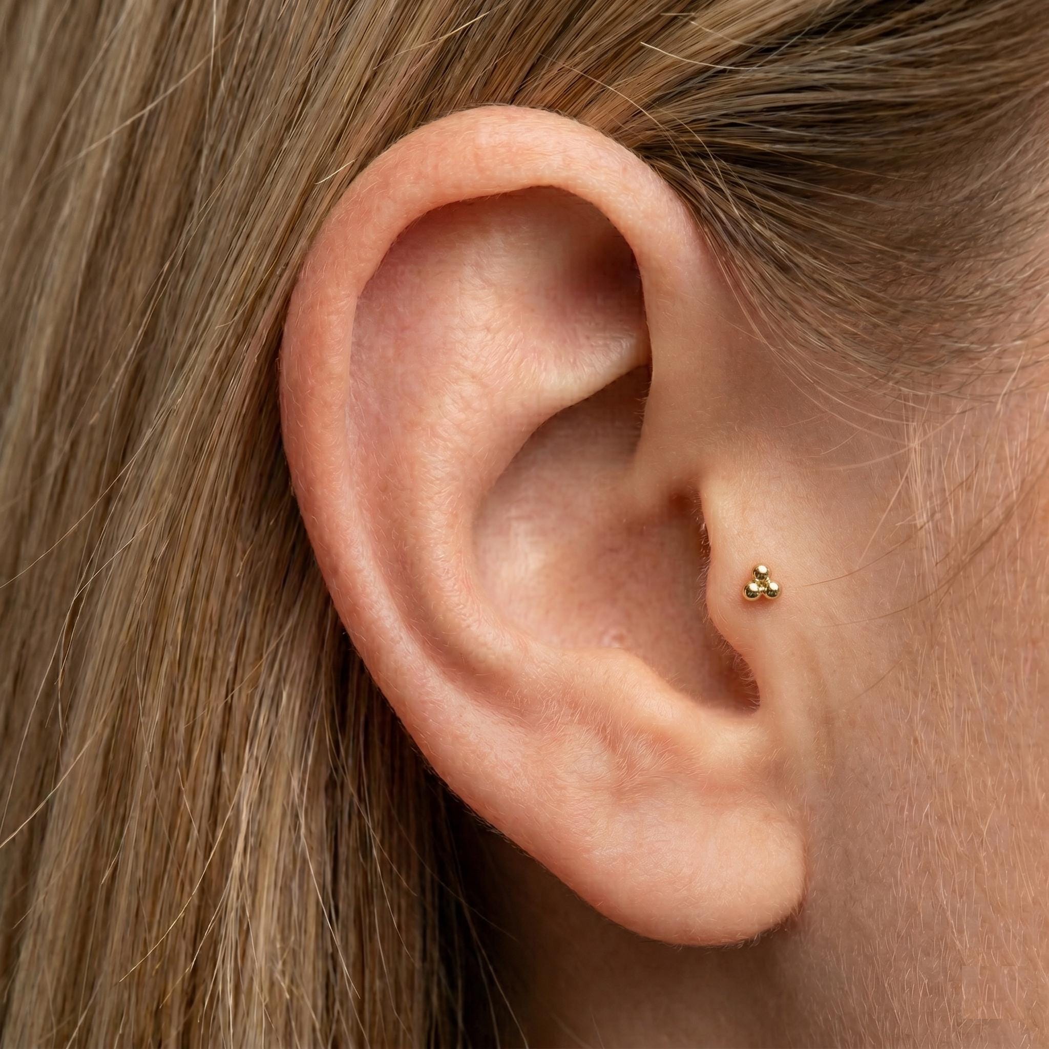 14K Solid Gold Beaded Cartilage Earring - Yellow gold, Solid gold, 14k