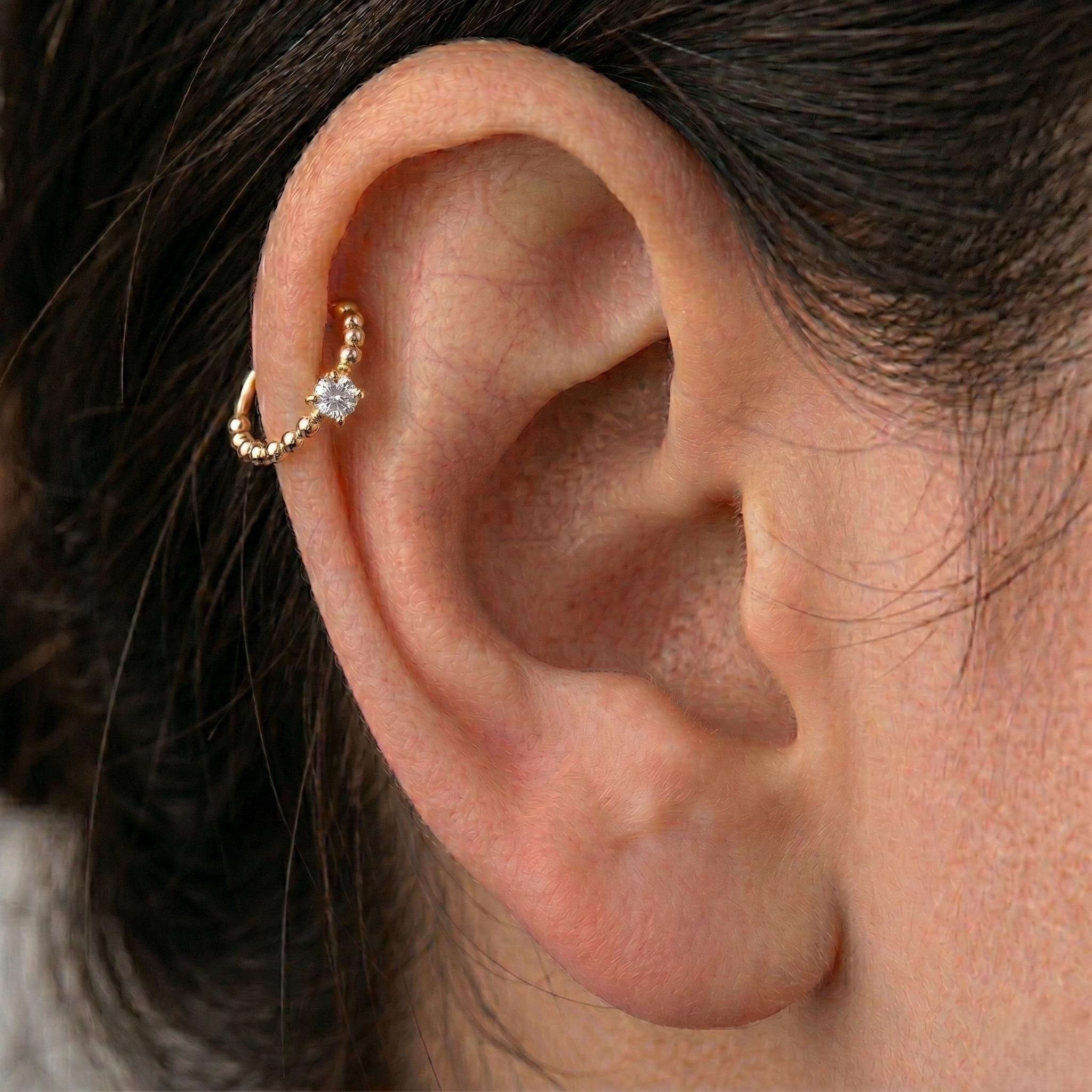 14K Solid Gold Genuine Diamond Cartilage Ring - Diamond, Yellow gold, Solid gold
