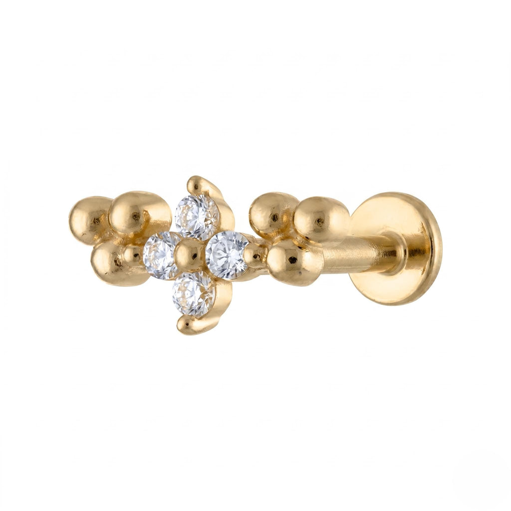 14K Solid Gold Floral CZ Cartilage Earring - Cubic zirconia, Yellow gold, Solid gold