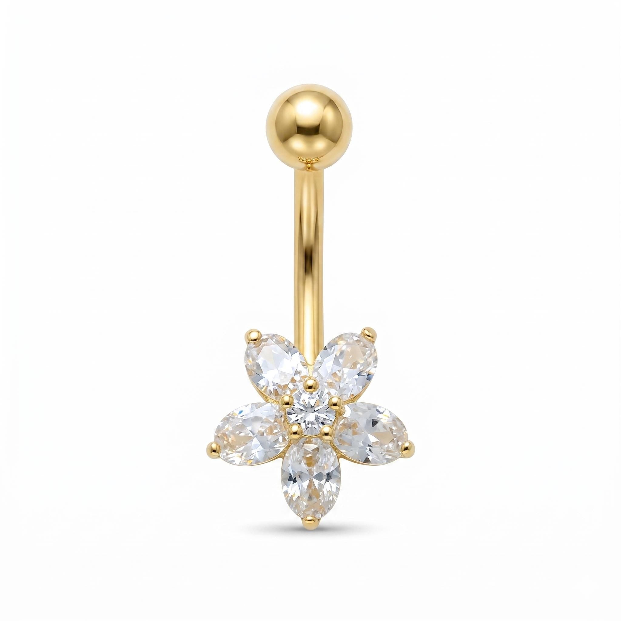 10K Solid Gold Flower Belly Ring - Cubic zirconia, Yellow gold, Solid gold