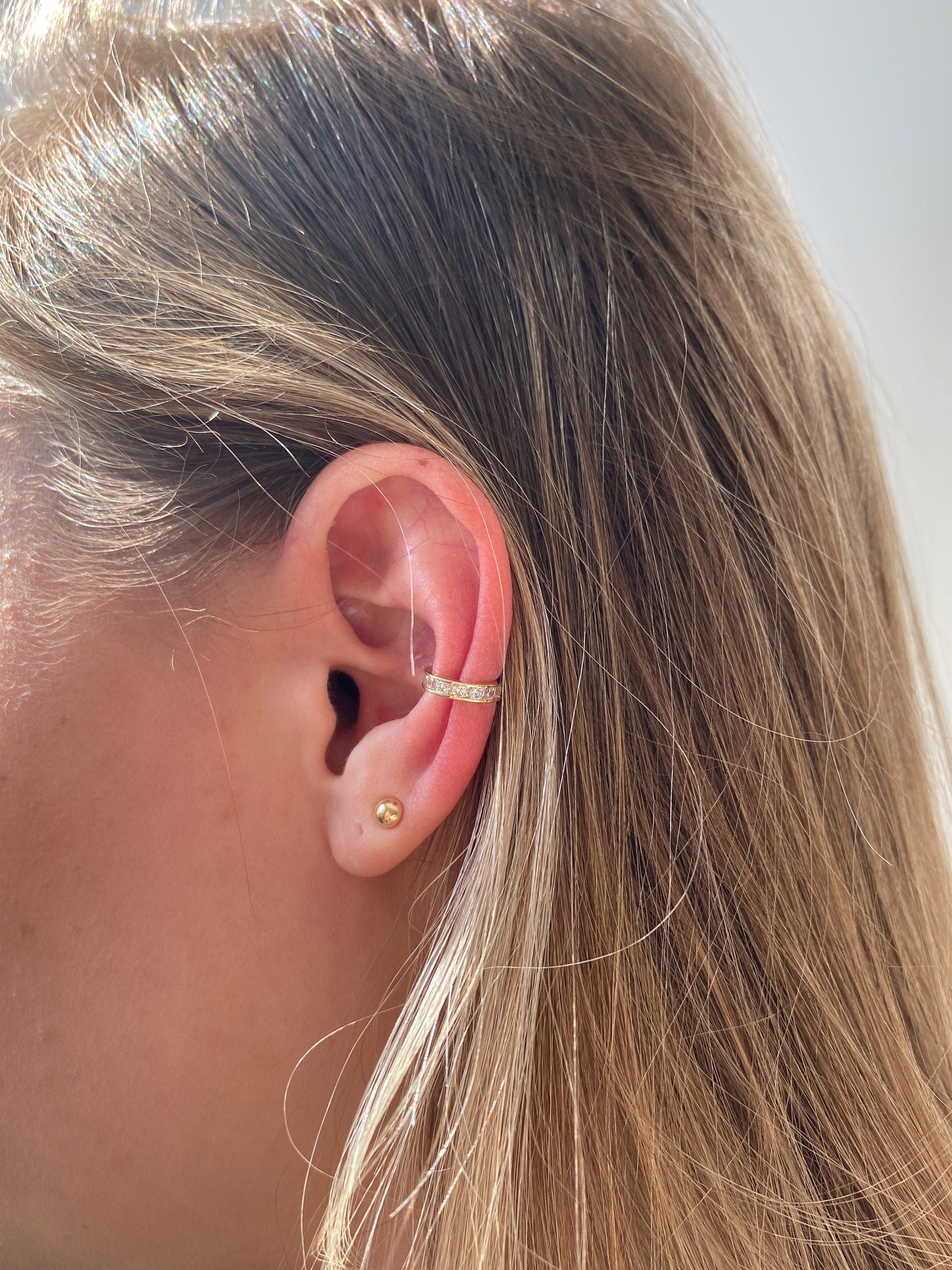 14K Solid Gold Ear Cuff - Cubic zirconia, White gold, Yellow gold