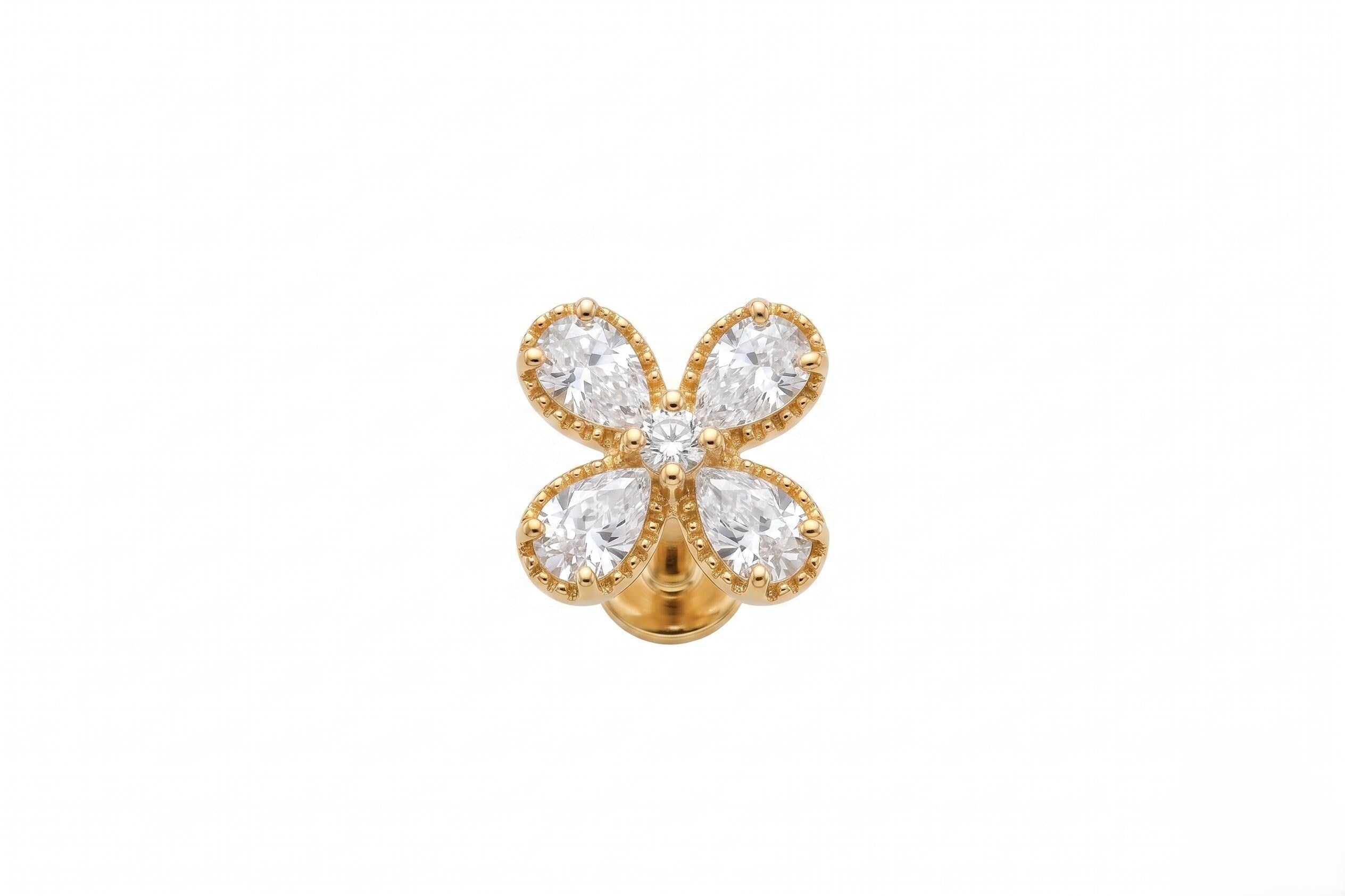 14K Solid Gold Flower Cartilage | Internally Threaded Flower Cartilage | CZ Cartilage Piercing Jewelry | Helix Tragus Stud | Flower Helix