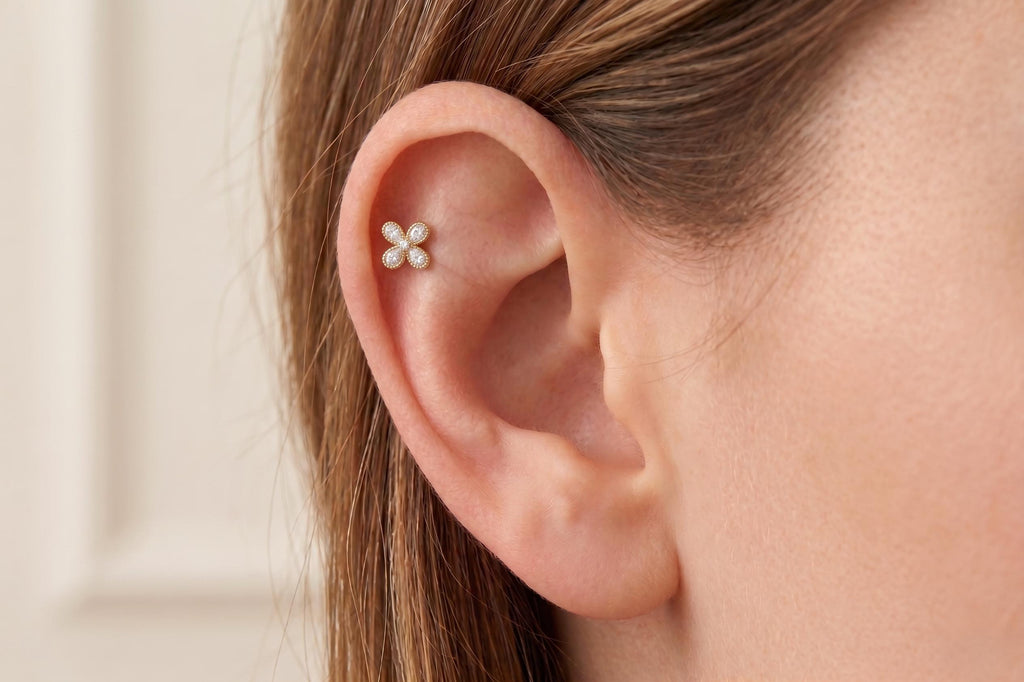 14K Solid Gold Flower Cartilage | Internally Threaded Flower Cartilage | CZ Cartilage Piercing Jewelry | Helix Tragus Stud | Flower Helix