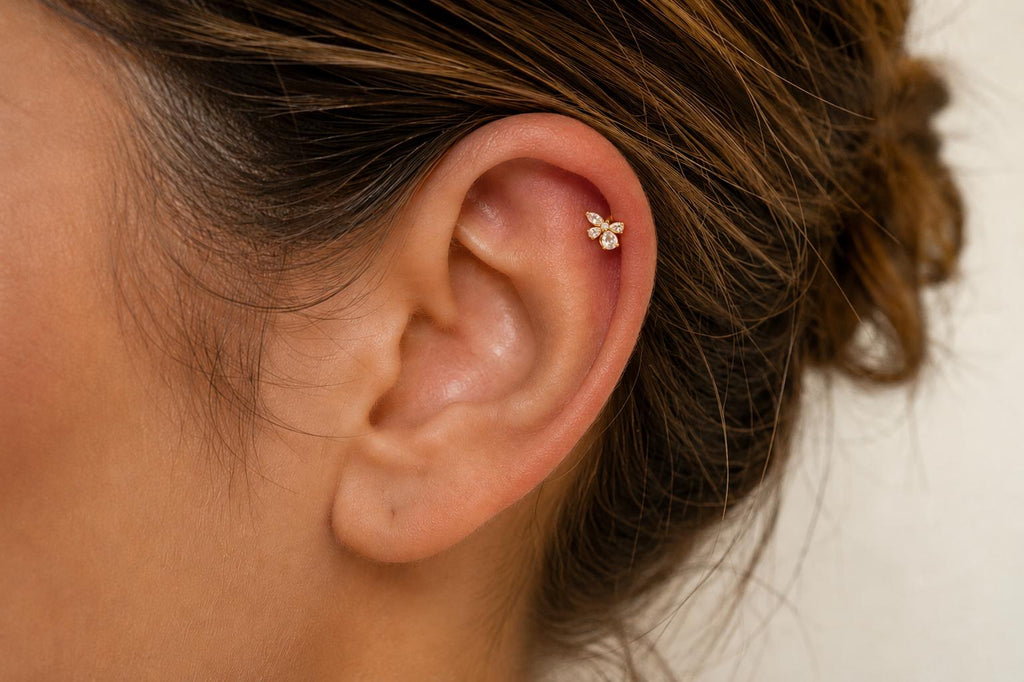 14K Solid Gold Ribbon Cartilage | Internally Threaded Ribbon Cartilage | CZ Cartilage Piercing Jewelry | Helix Tragus Stud | Ribbon Helix