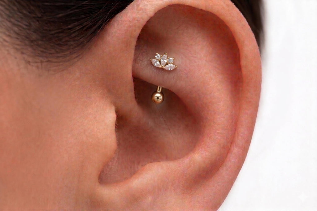 14K Solid Gold CZ Flower Rook Earring | Rook Piercing | Floral CZ Cartilage Jewelry | Gold Curved Barbell | Antihelix Cartilage Jewelry