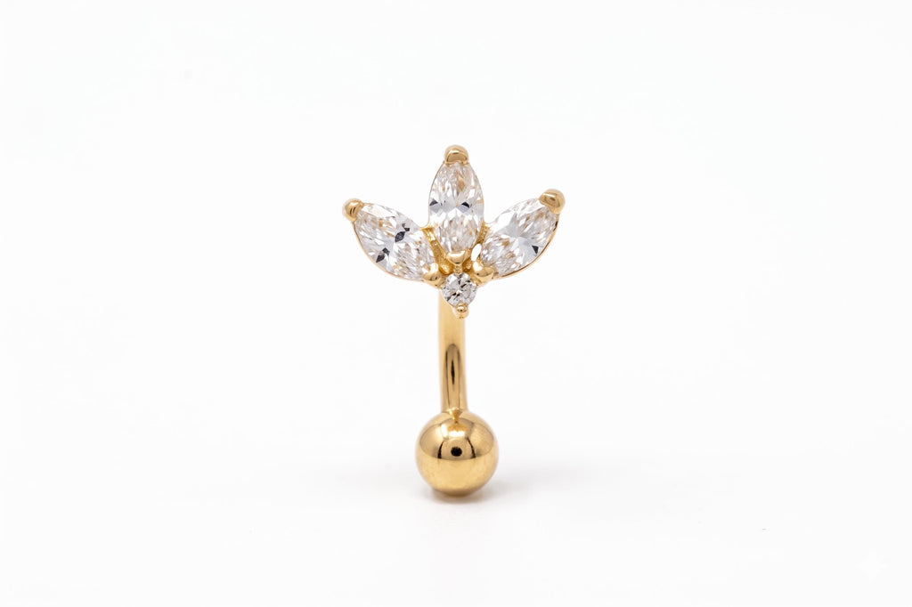 14K Solid Gold CZ Flower Rook Earring | Rook Piercing | Floral CZ Cartilage Jewelry | Gold Curved Barbell | Antihelix Cartilage Jewelry