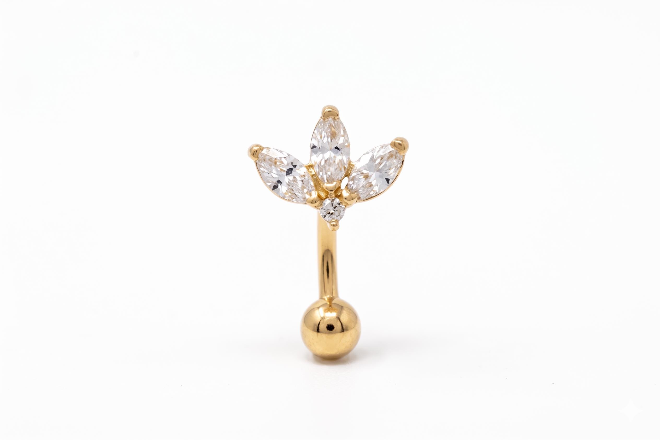 14K Solid Gold CZ Flower Rook Earring | Rook Piercing | Floral CZ Cartilage Jewelry | Gold Curved Barbell | Antihelix Cartilage Jewelry