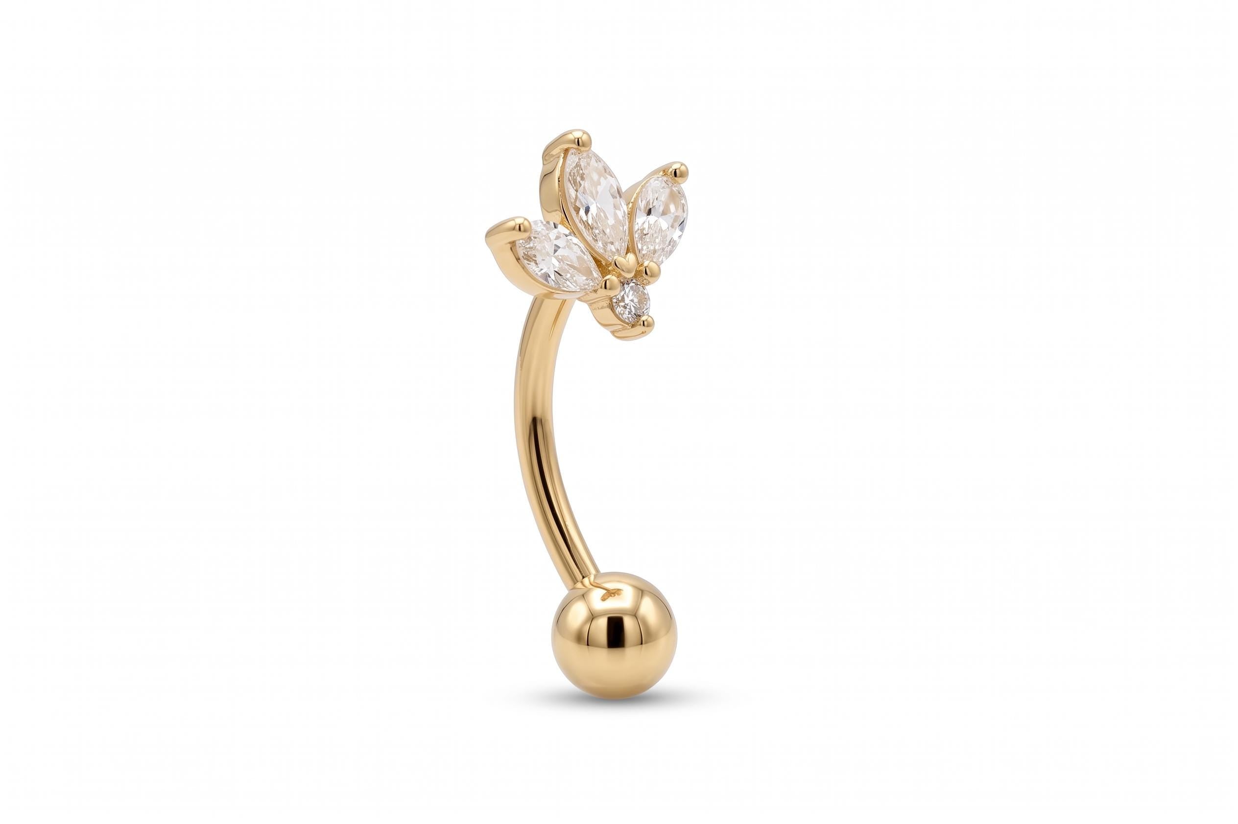 14K Solid Gold CZ Flower Rook Earring | Rook Piercing | Floral CZ Cartilage Jewelry | Gold Curved Barbell | Antihelix Cartilage Jewelry