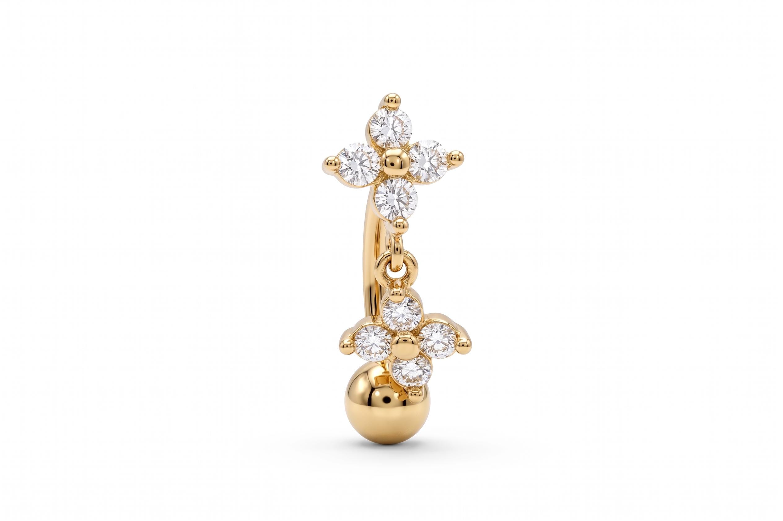 14K Solid Gold CZ Flower Rook Earring | Rook Piercing | Floral Dangling CZ Cartilage Jewelry | Gold Curved Barbell | Antihelix Cartilage