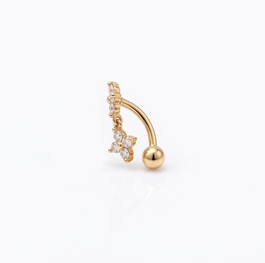 14K Solid Gold CZ Flower Rook Earring | Rook Piercing | Floral Dangling CZ Cartilage Jewelry | Gold Curved Barbell | Antihelix Cartilage