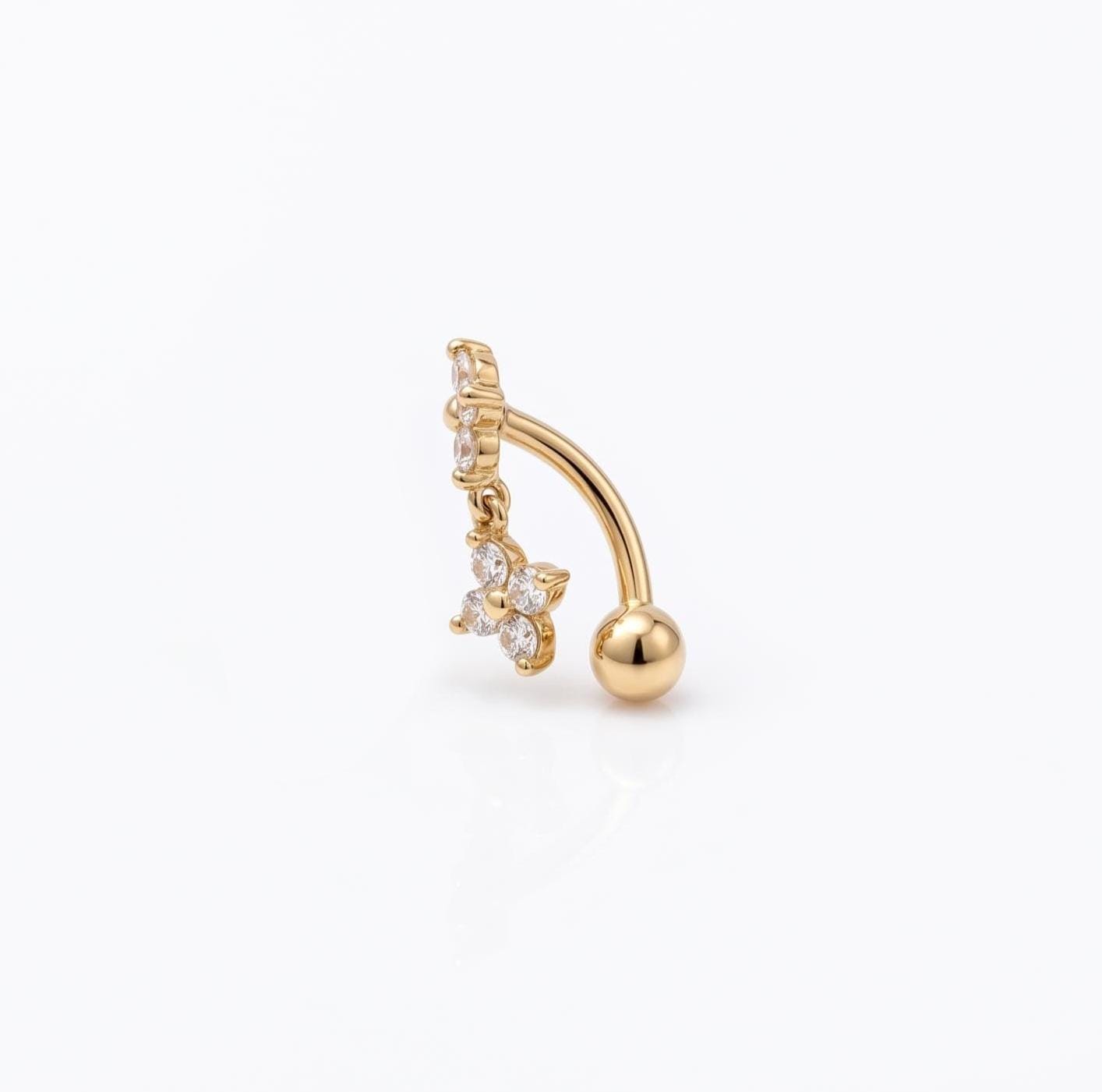 14K Solid Gold CZ Flower Rook Earring | Rook Piercing | Floral Dangling CZ Cartilage Jewelry | Gold Curved Barbell | Antihelix Cartilage