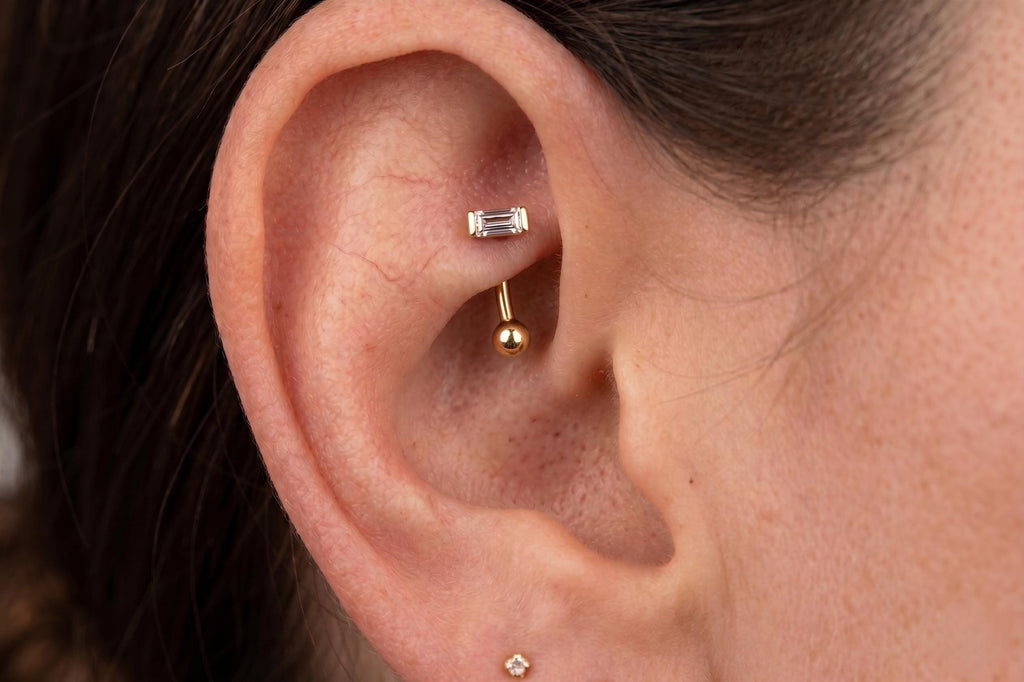 14K Solid Gold CZ Rook Earring | Rook Piercing |CZ Cartilage Jewelry | Gold Curved Barbell | Antihelix Cartilage Jewelry