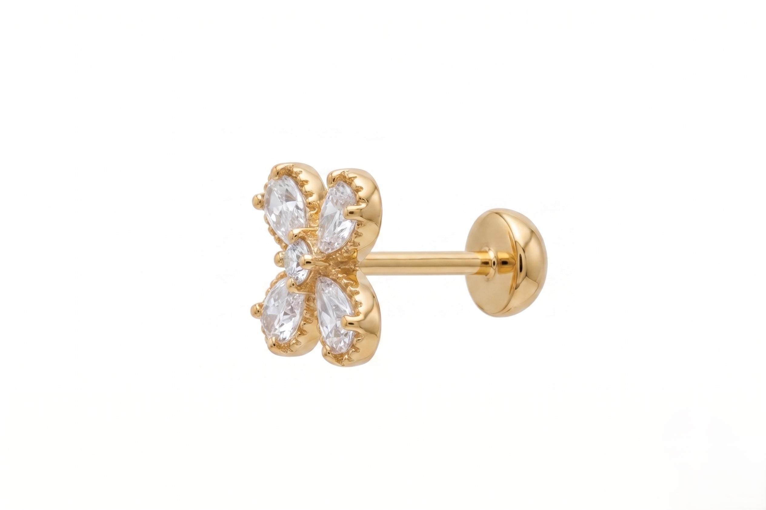 14K Solid Gold Flower Cartilage | Internally Threaded Flower Cartilage | CZ Cartilage Piercing Jewelry | Helix Tragus Stud | Flower Helix