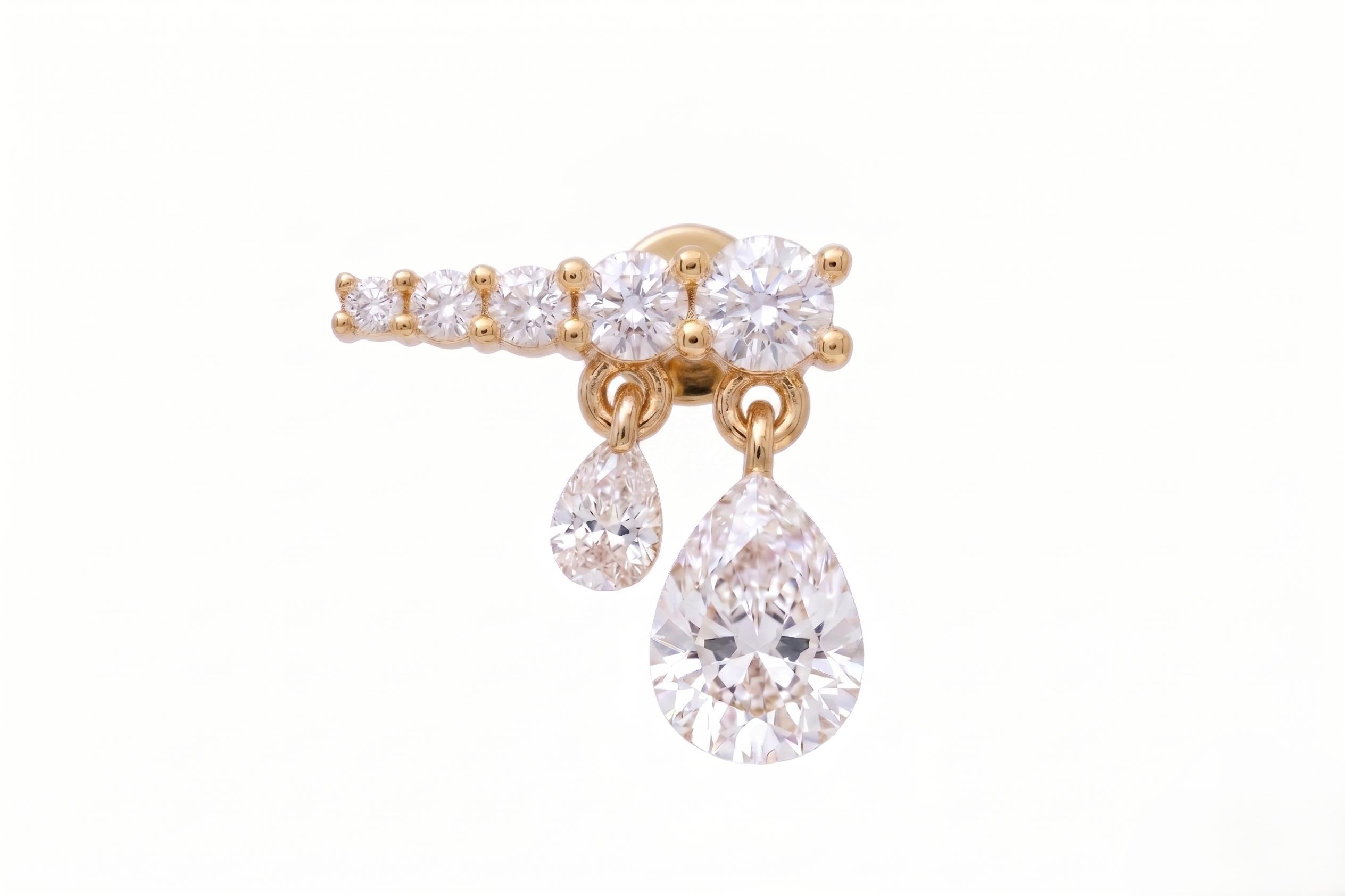 14K Solid Gold Dangling Cartilage | Internally Threaded Cascading Cartilage | CZ Cartilage Piercing Jewelry | Helix Tragus Stud