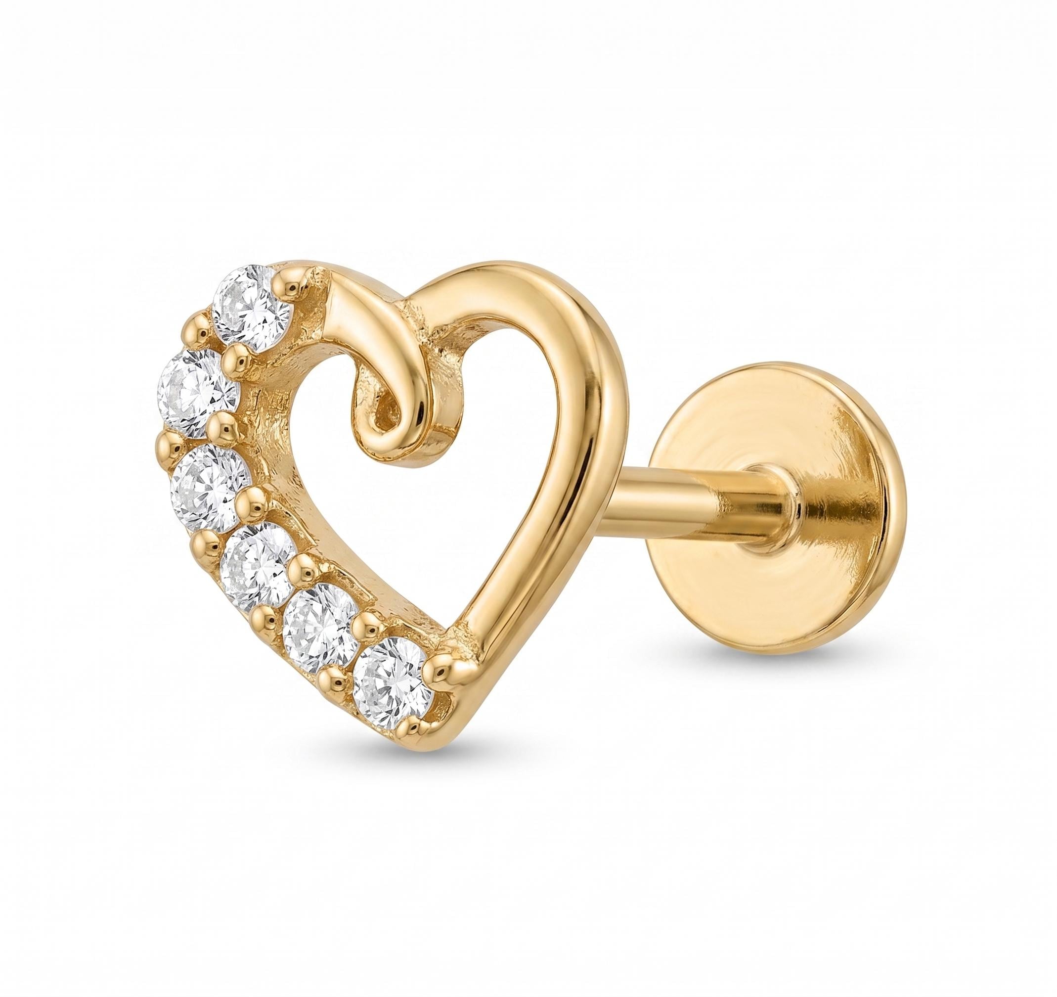 14K Solid Gold Heart Cartilage | Internally Threaded Heart Cartilage | CZ Cartilage Piercing Jewelry | Helix Tragus Stud | Heart Helix