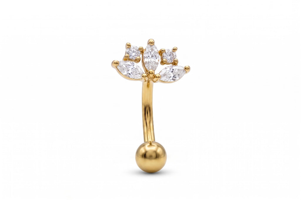 14K Solid Gold CZ Flower Rook Earring | Rook Piercing | Floral CZ Cartilage Jewelry | Gold Curved Barbell | Antihelix Cartilage Jewelry