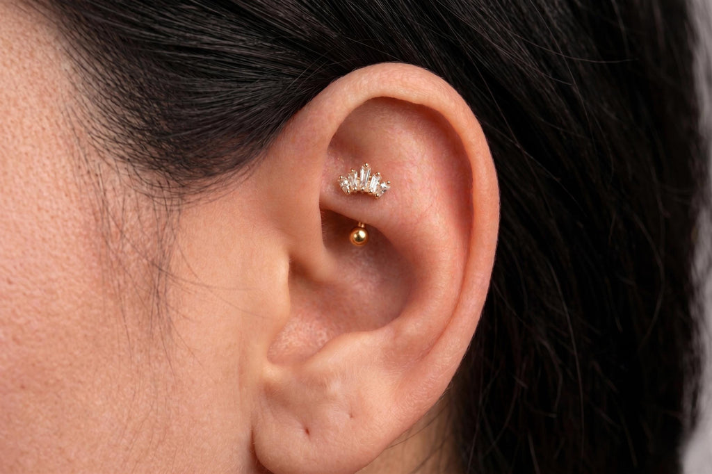 14K Solid Gold CZ Crown Rook Earring | Rook Piercing | Crown CZ Cartilage Jewelry | Gold Curved Barbell | Antihelix Cartilage Jewelry