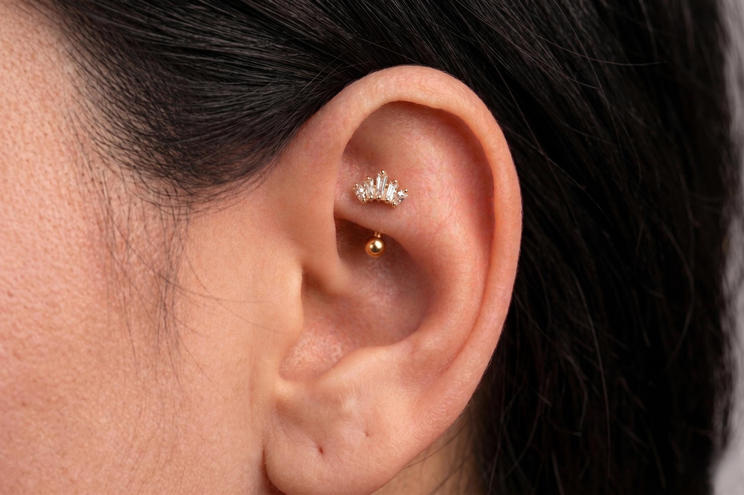 14K Solid Gold CZ Crown Rook Earring | Rook Piercing | Crown CZ Cartilage Jewelry | Gold Curved Barbell | Antihelix Cartilage Jewelry