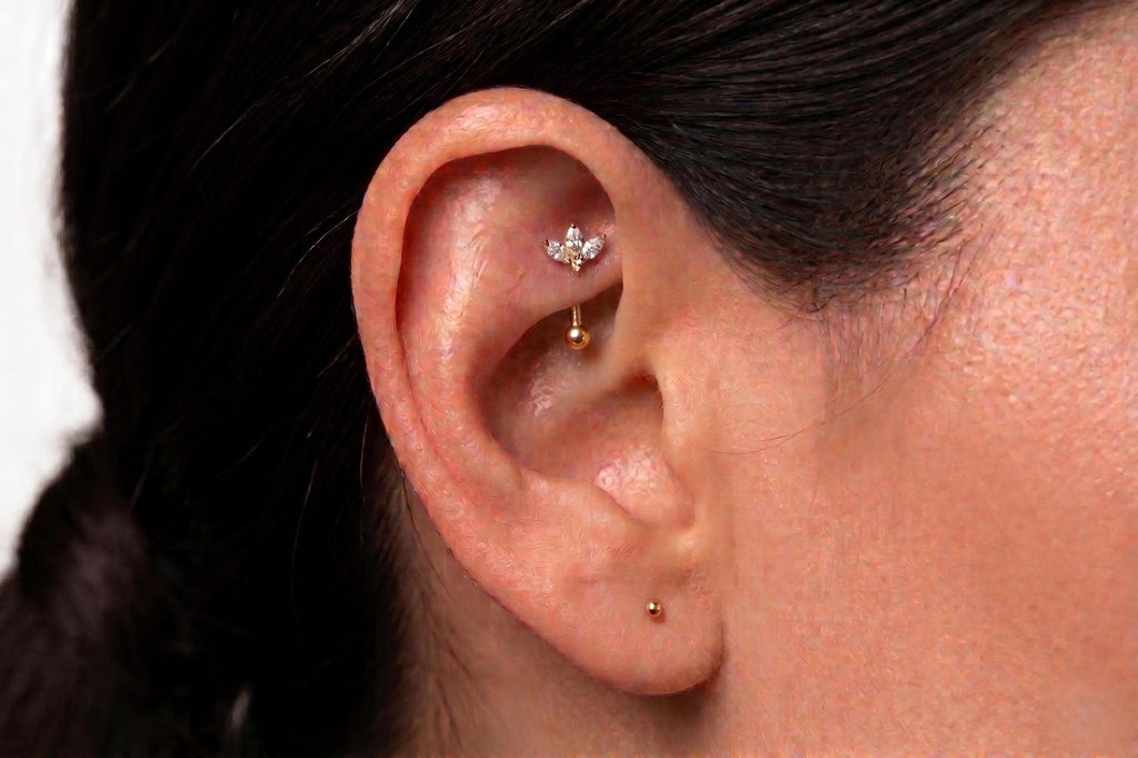 14K Solid Gold CZ Flower Rook Earring | Rook Piercing | Floral CZ Cartilage Jewelry | Gold Curved Barbell | Antihelix Cartilage Jewelry