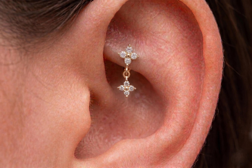14K Solid Gold CZ Flower Rook Earring | Rook Piercing | Floral Dangling CZ Cartilage Jewelry | Gold Curved Barbell | Antihelix Cartilage
