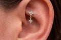 14K Solid Gold CZ Flower Rook Earring | Rook Piercing | Floral Dangling CZ Cartilage Jewelry | Gold Curved Barbell | Antihelix Cartilage