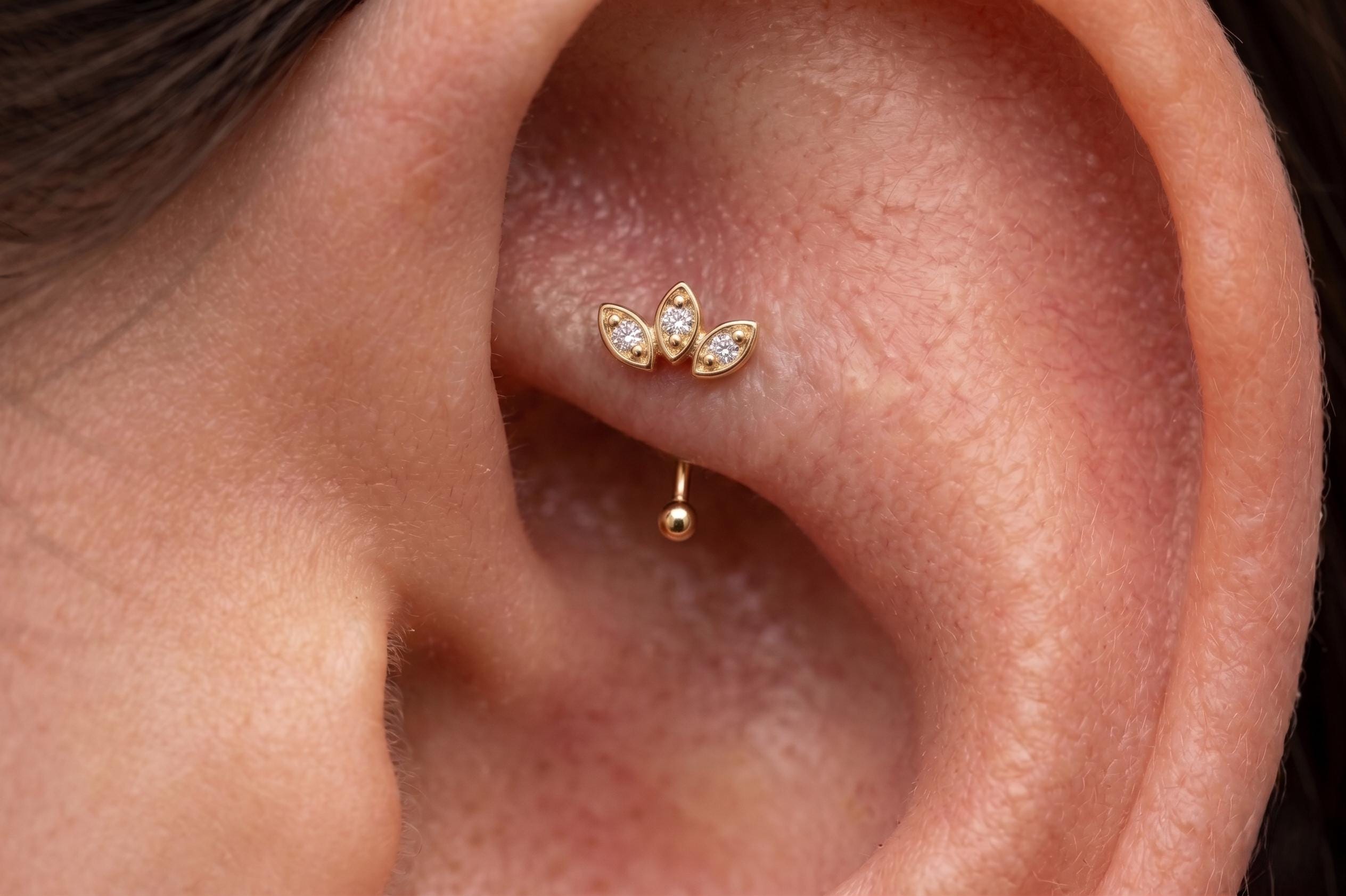 14K Solid Gold CZ Flower Rook Earring | Rook Piercing | Flower CZ Cartilage Jewelry | Gold Curved Barbell | Antihelix Cartilage Jewelry