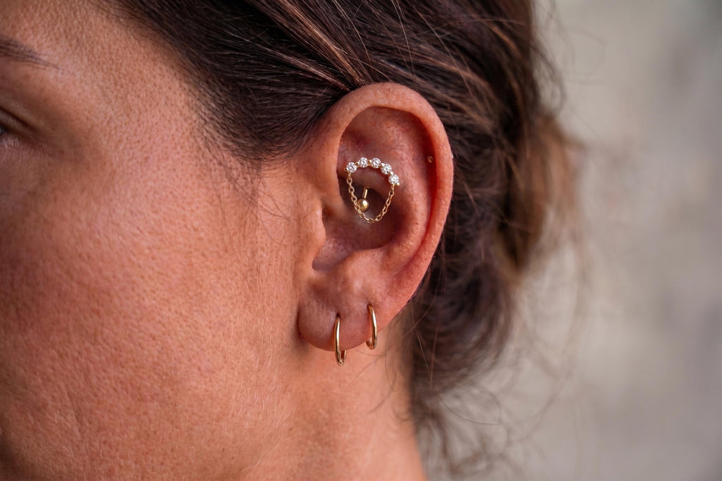 14K Solid Gold Diamond Rook Earring | CZ Chain Rook Piercing | Curved Cartilage Jewelry | Dainty Anti Helix Barbell | Gold Ear Piercing