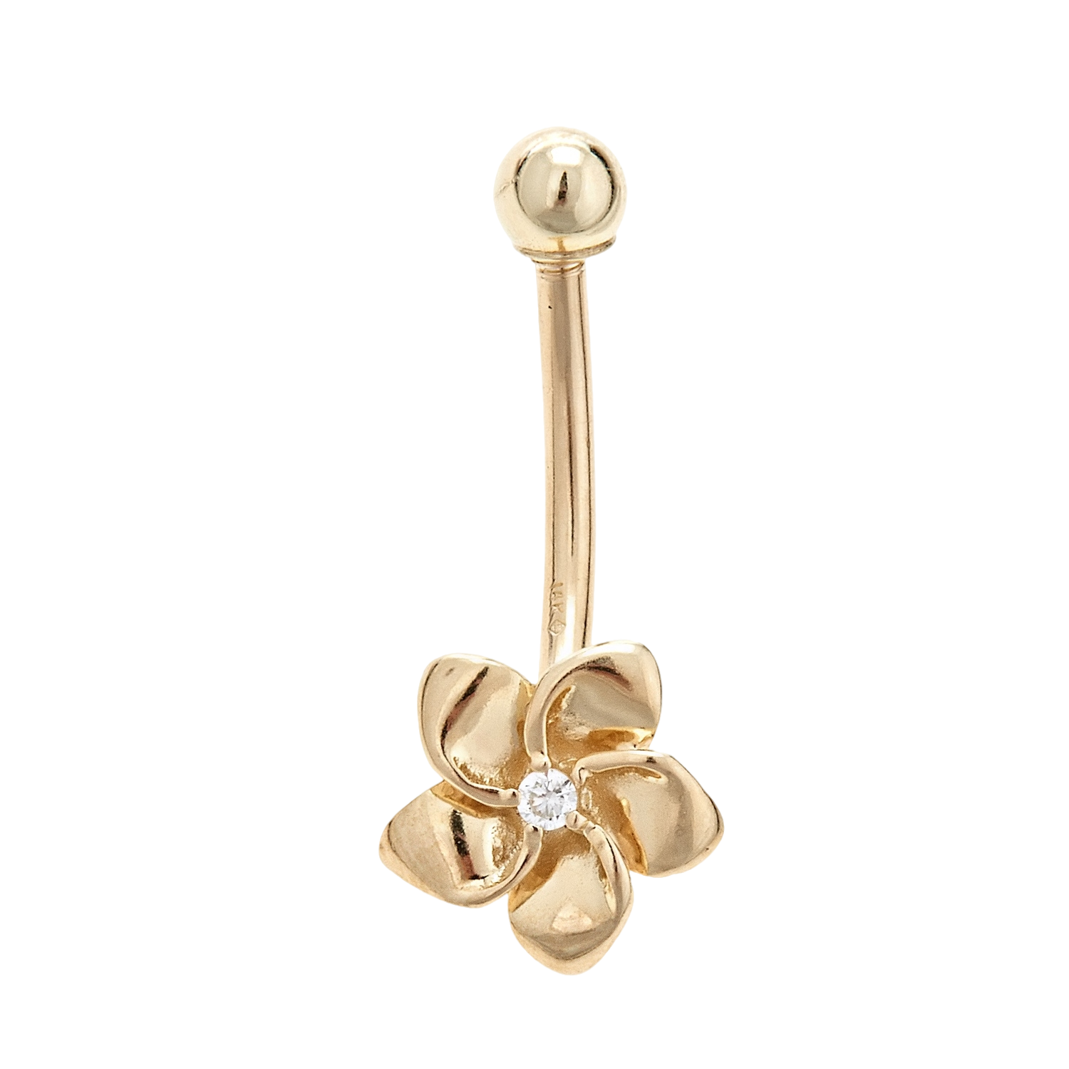 14K Solid Gold Belly Ring In a Flower Design With Center Genuine Diamond Stone