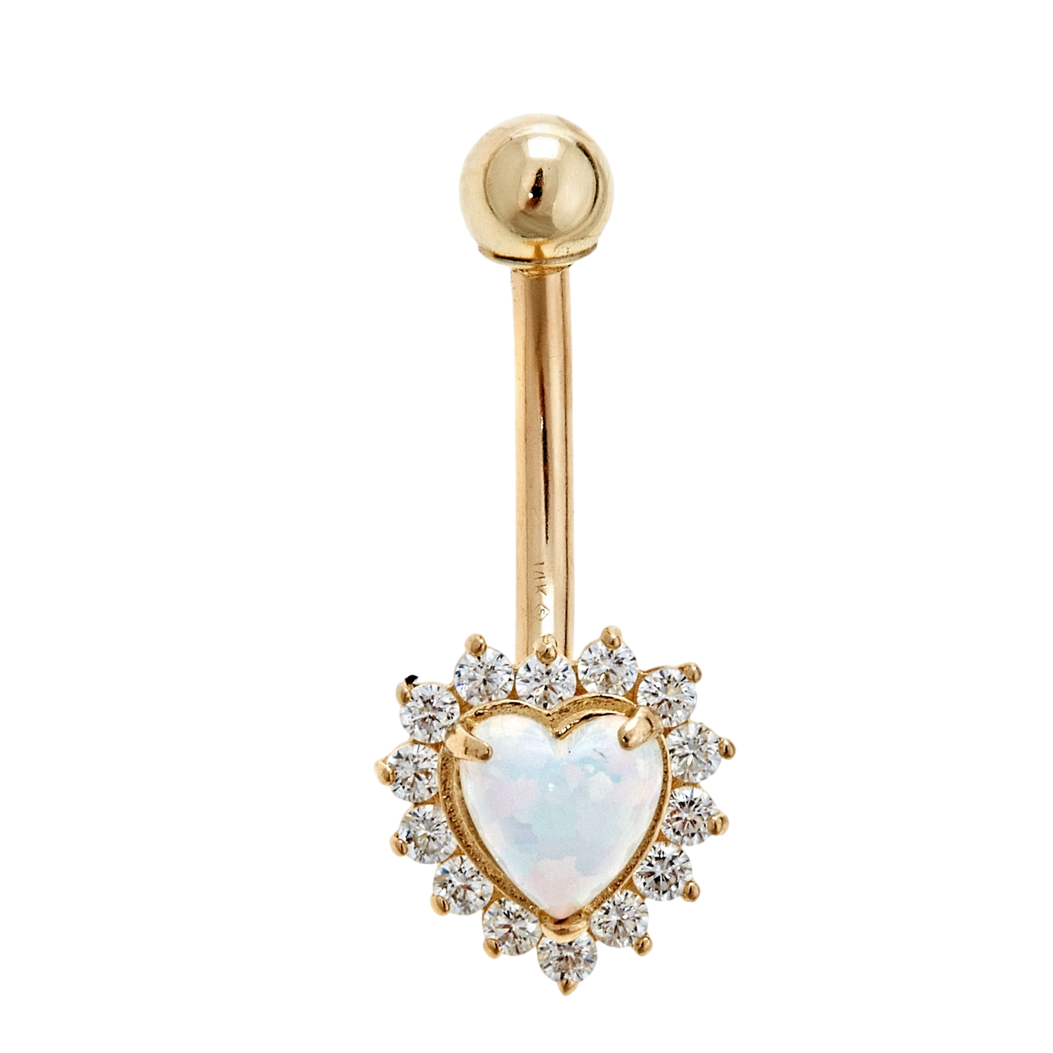 14K Solid Gold Heart Opal Belly Ring with CZs