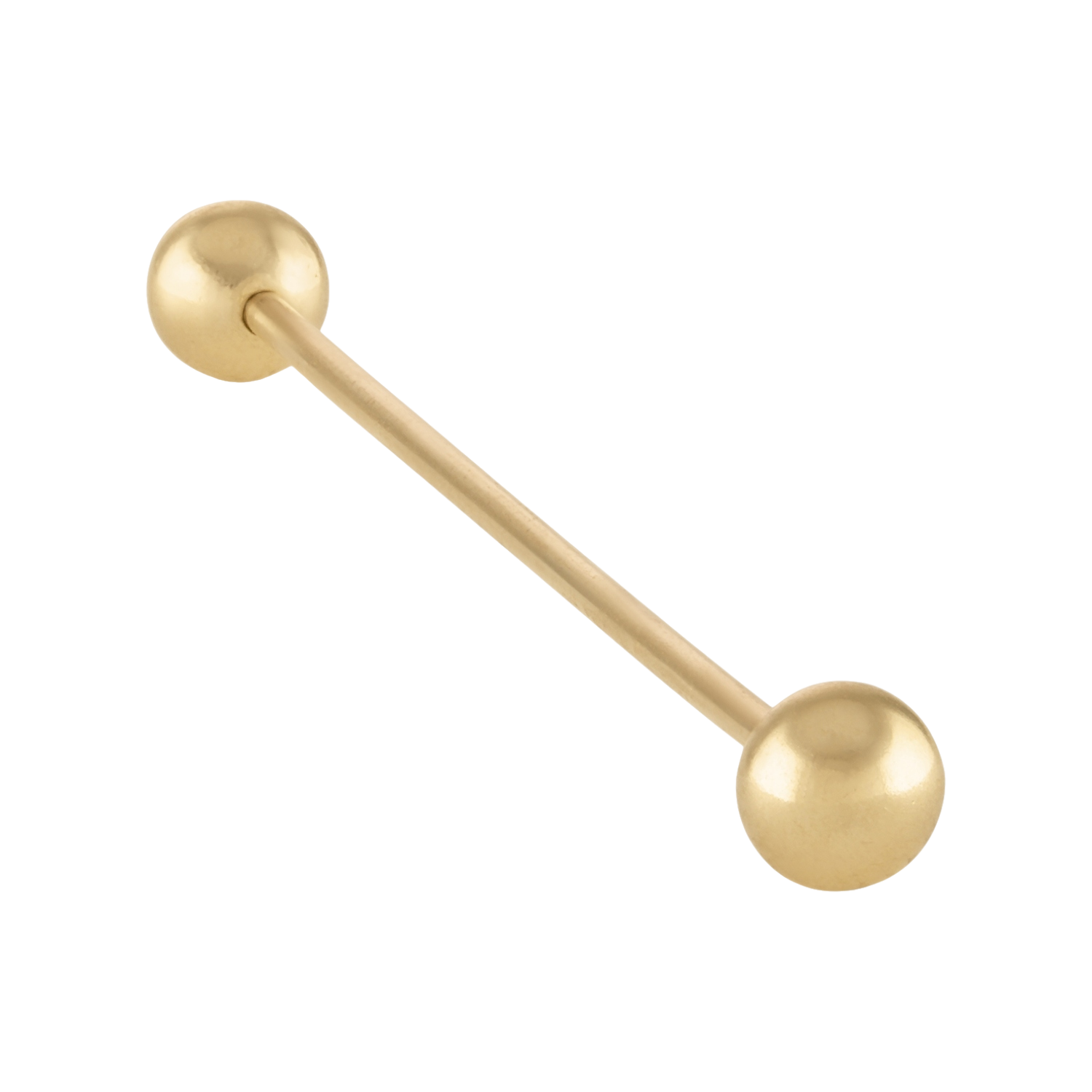 Shiny 10K or 14K solid yellow gold industrial barbell, 38mm length, 18 gauge, hypoallergenic, nickel-free, with a mirror-like high polish finish