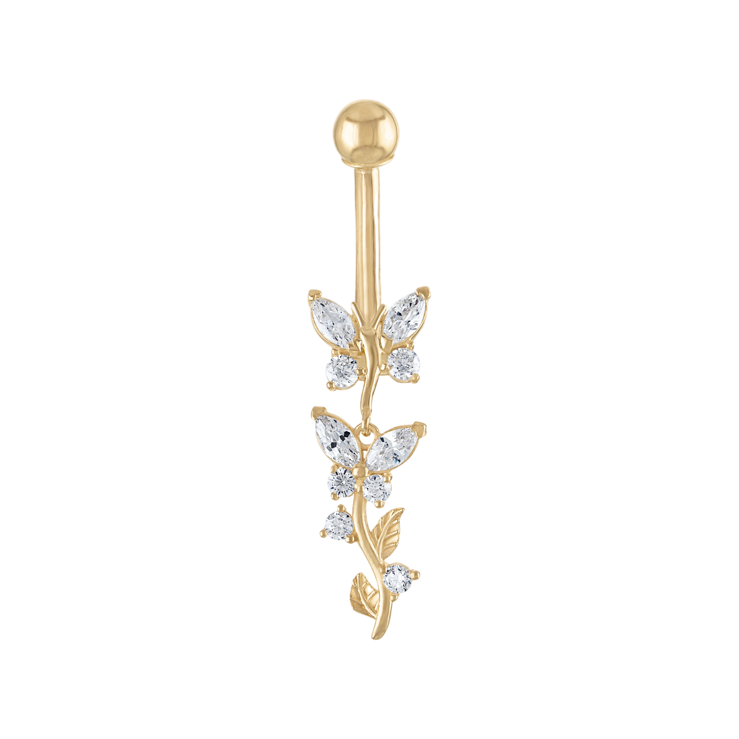 14K Solid Gold Dangling Butterfly Belly Ring