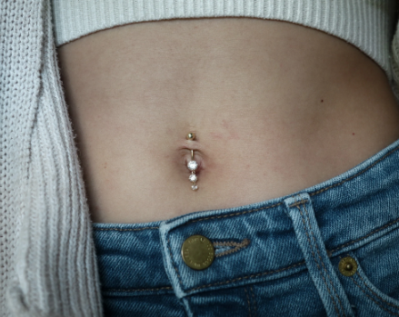 10K Solid Gold Cascade Belly Button Ring with 3 CZ Stones