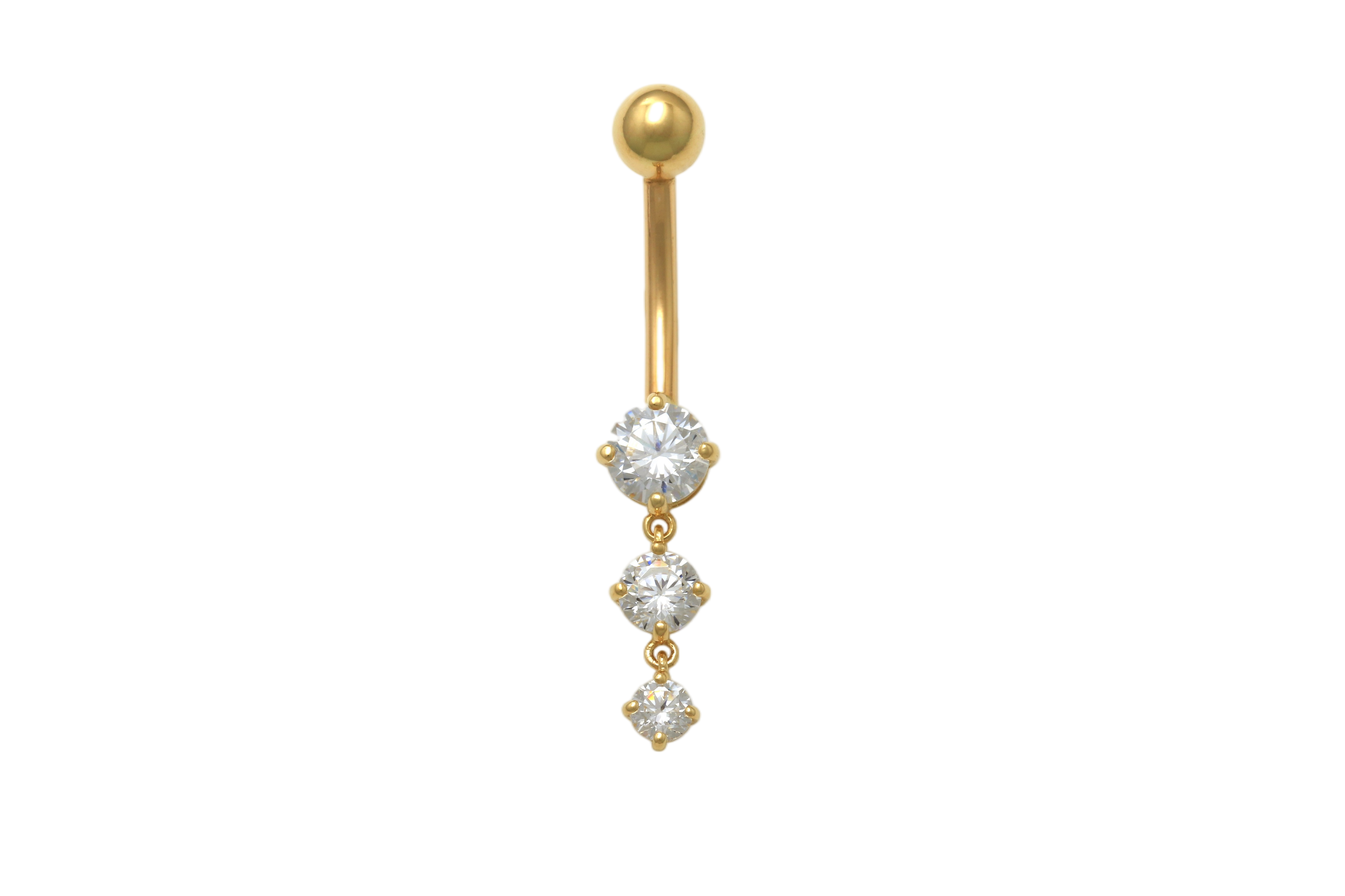 10K Solid Gold Cascade Belly Button Ring with 3 CZ Stones