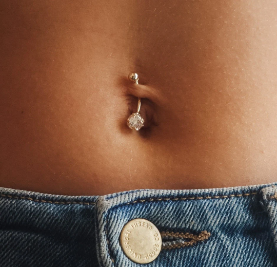 14K Solid Gold Round Belly Ring With CZs