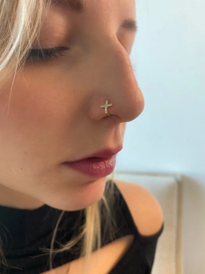 10K Solid Gold Nose Ring In a Cross Design With CZ