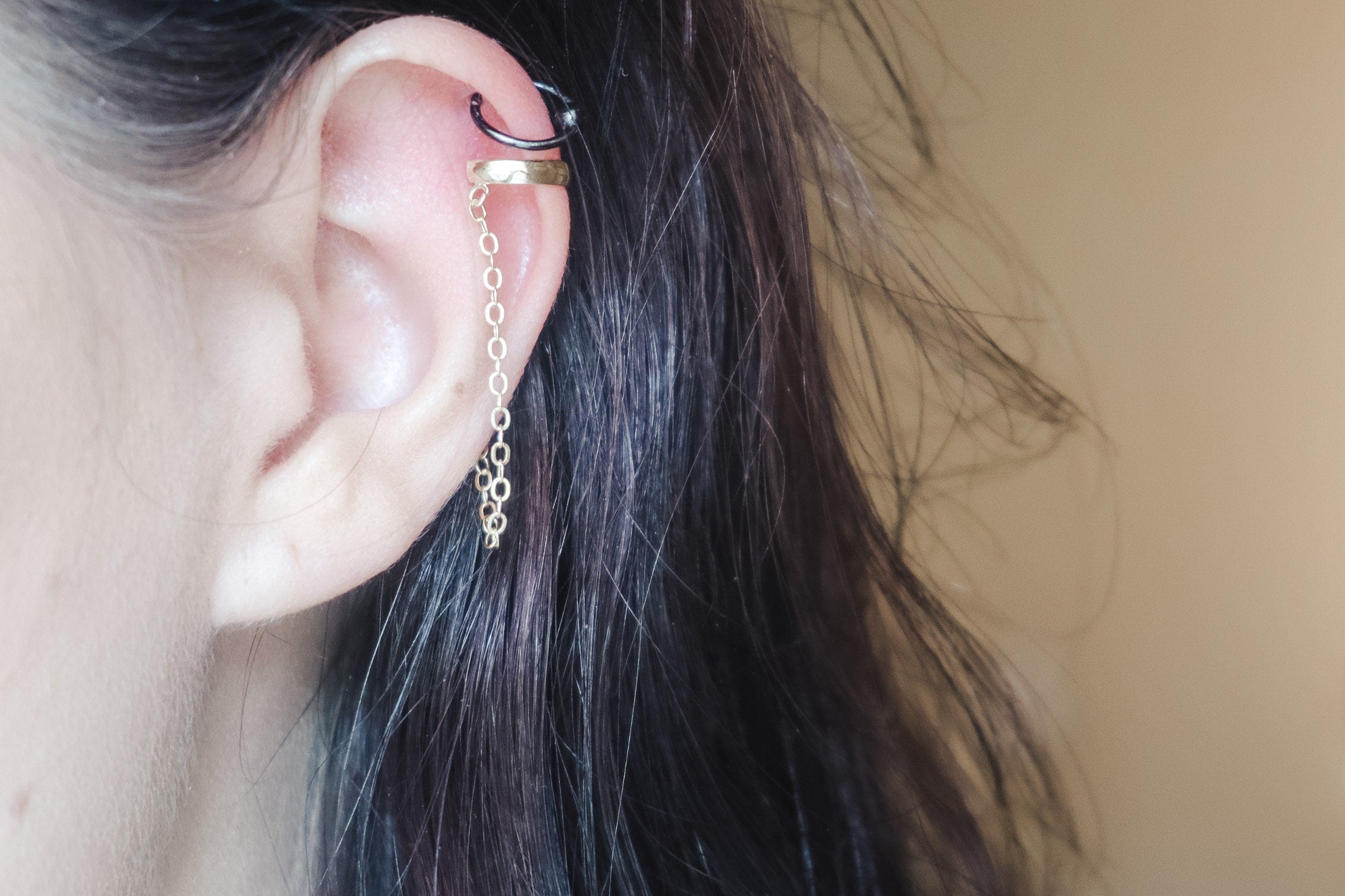 10K Solid Gold Ear Cuff With Chain