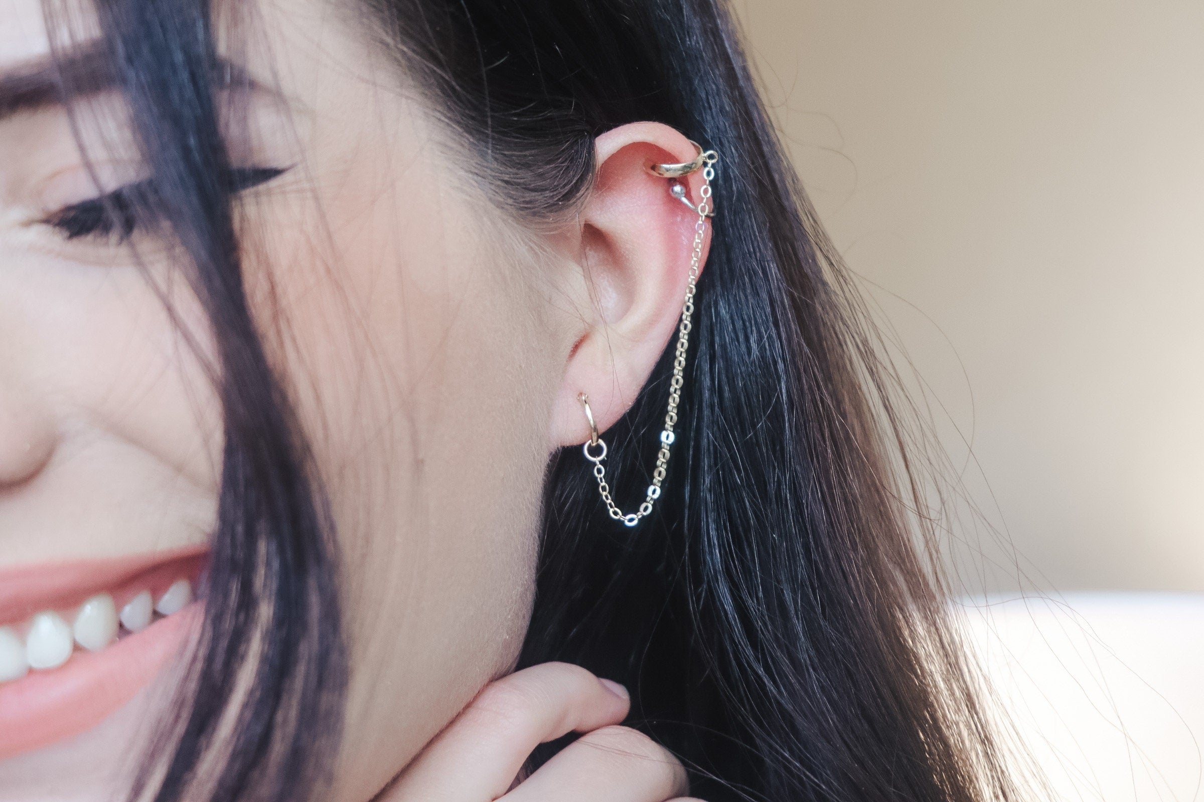 10K Solid Gold Ear Cuff With Chain and Hoop